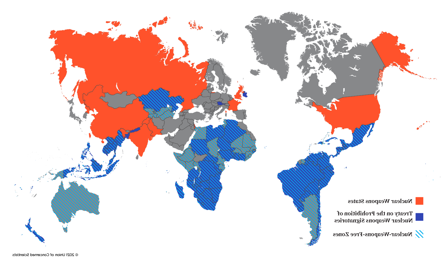 World map showing nuclear weapons states, signatories of TPNW, and countries that are nuclear-weapons-free zones