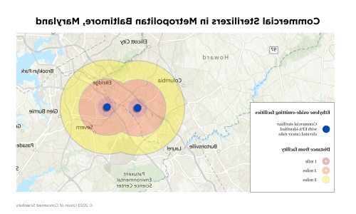 A map showing the locations of ethylene oxide-emitting facilities in Baltimore, Maryl和.