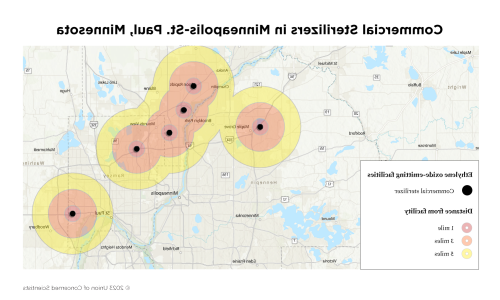 A map of ethylene oxide-emitting facilities in Minneapolis-St. Paul, Minnesota.